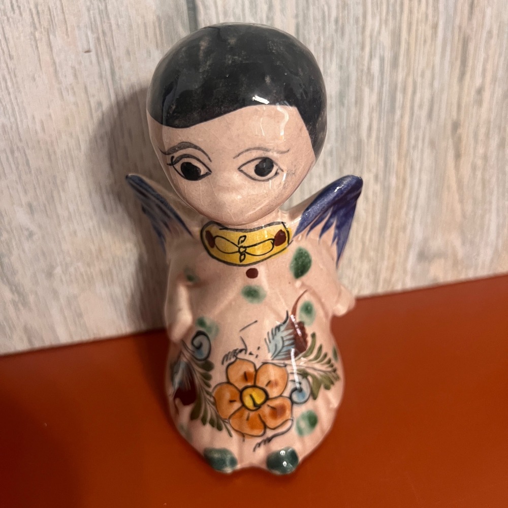 Vintage Tonala Mexico Pottery Angel Figurine Hand Painted Ceramic Folk Art 4.5"